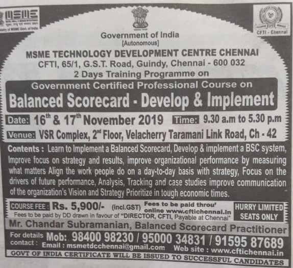Balanced Score Card – 2 Day Training from MSME